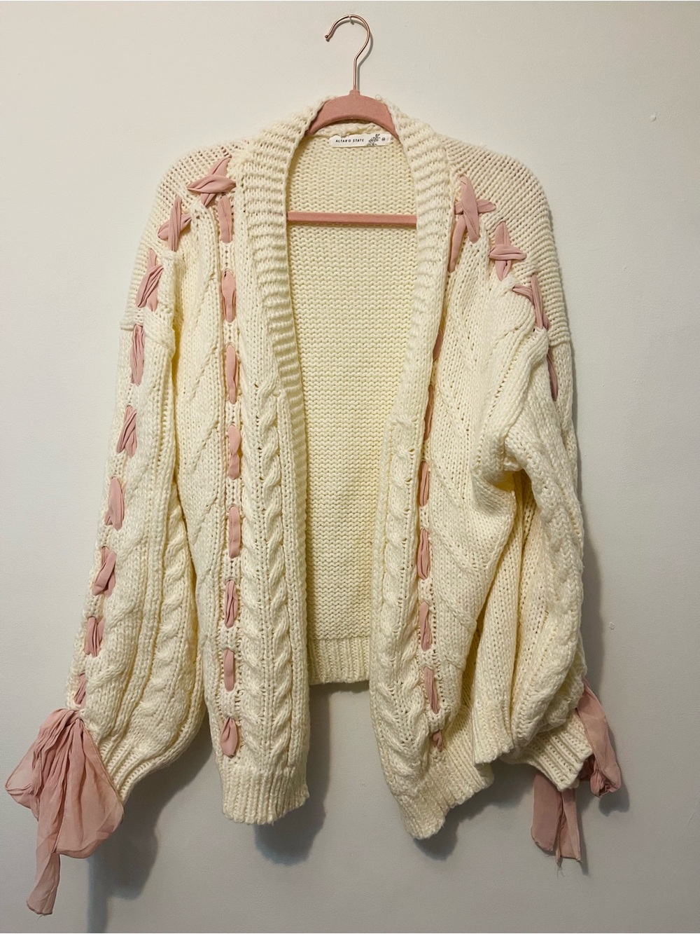 Altar'd State Cream Cable Knit Cardigan with Pink Ribbon Accents